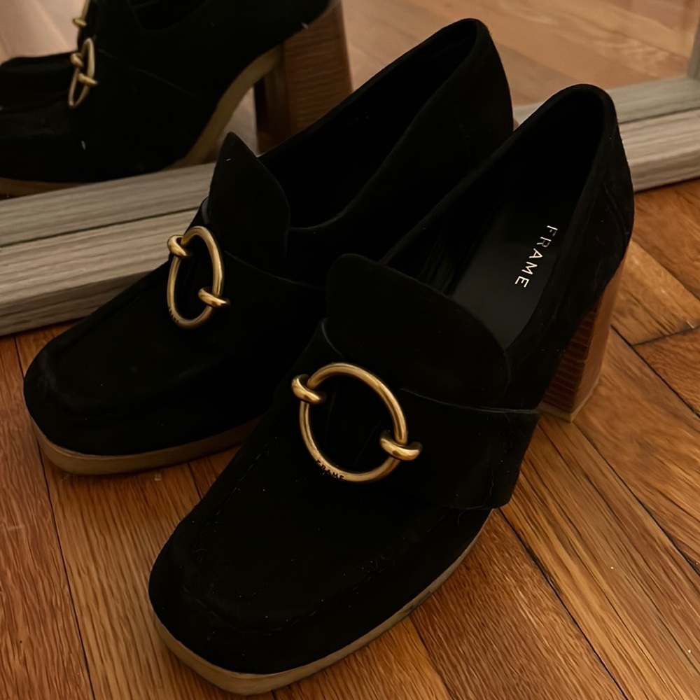 Frame size 6.5 black suede loafers
